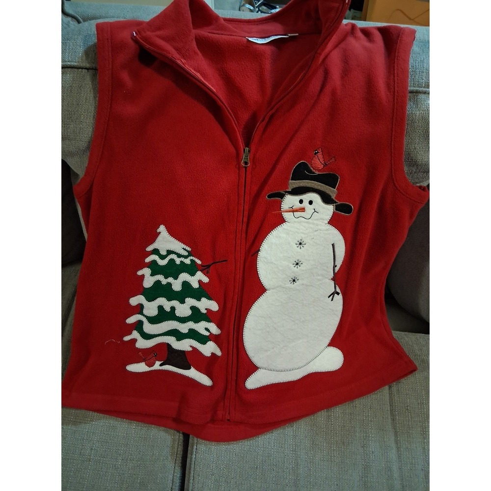 Ladies Fleece Christmas Vest Snowman Tree Cardinal VGUC‎ XL